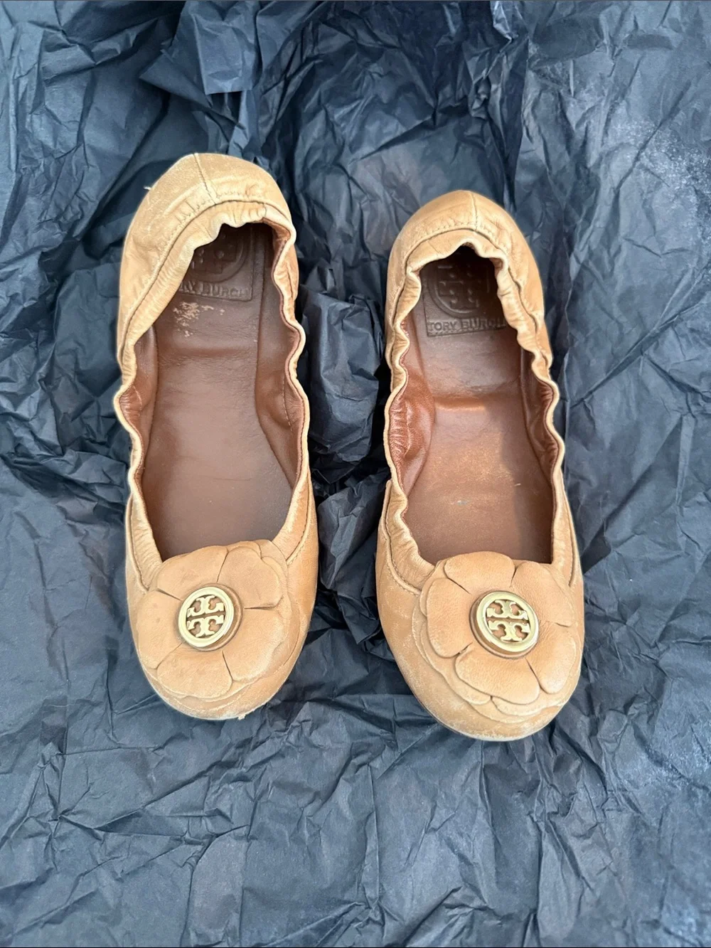 Tory Burch Camel Leather Camellia Ballet Flats with Logo Medallion